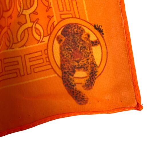Effy Hematian Silk Scarf with Panther and Geometric Print Orange Rectangle 58x17 - Picture 4 of 9